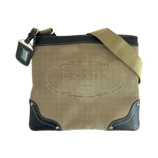 PRADA Shoulder Bag Canvas, Leather Beige Black SilverMetal Crossbody Shoulder Bag Logo jacquard Women Used Authentic