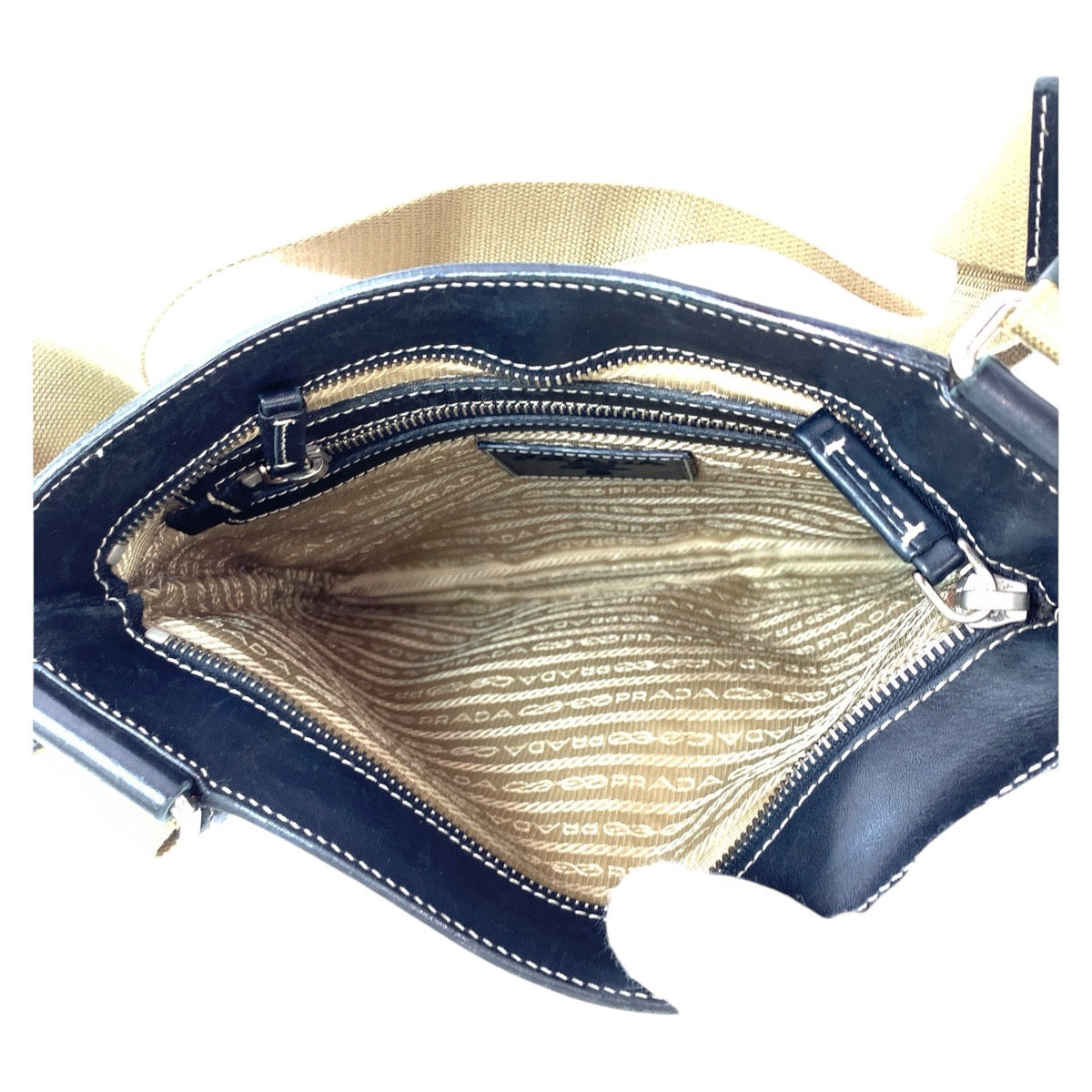PRADA Shoulder Bag Canvas, Leather Beige Black SilverMetal Crossbody Shoulder Bag Logo jacquard Women Used Authentic