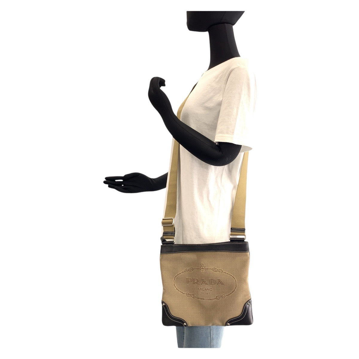 PRADA Shoulder Bag Canvas, Leather Beige Black SilverMetal Crossbody Shoulder Bag Logo jacquard Women Used Authentic