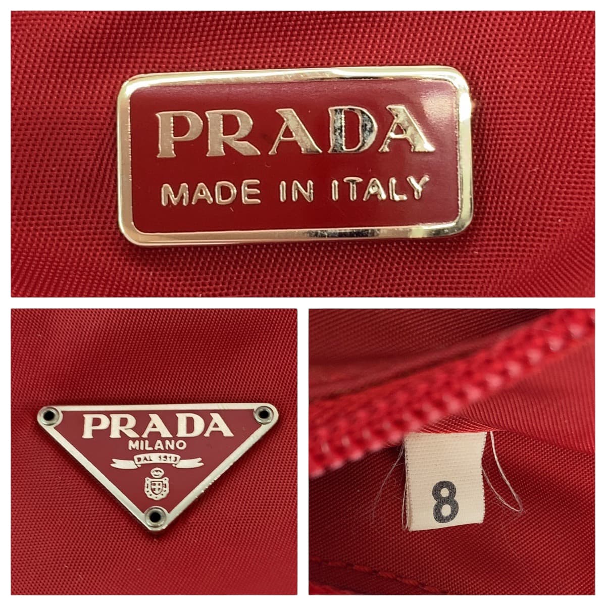 PRADA Handbag MV515 Nylon Red Silver Metal Handbag accessory pouch Tessuto Hobo Triangle With logo Women Used Authentic