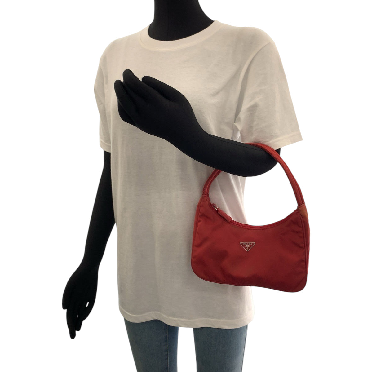 PRADA Handbag MV515 Nylon Red Silver Metal Handbag accessory pouch Tessuto Hobo Triangle With logo Women Used Authentic