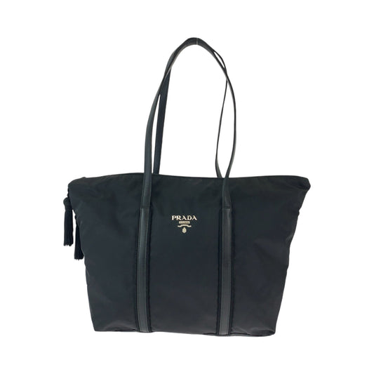 PRADA Tote Bag BR3920 Nylon Black SilverMetal Tote Bag Shoulder Bag Test Triangle With logo Fringe Women Used Authentic