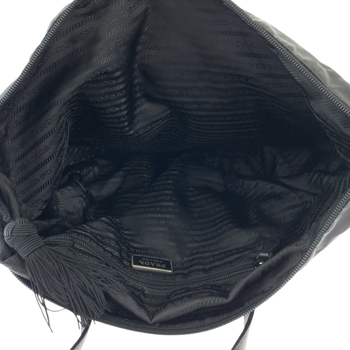 PRADA Tote Bag BR3920 Nylon Black SilverMetal Tote Bag Shoulder Bag Test Triangle With logo Fringe Women Used Authentic