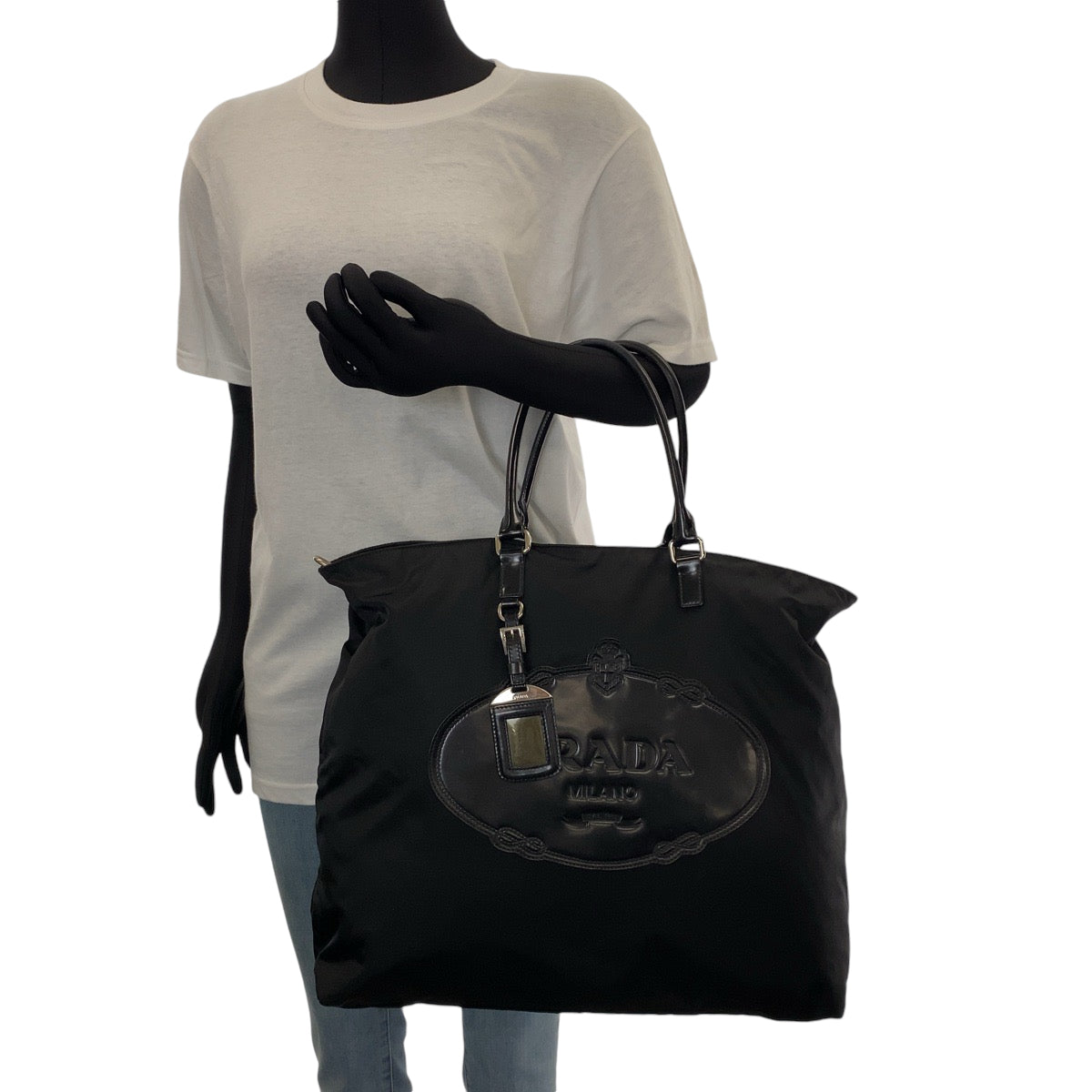 PRADA Tote Bag BN1105 Nylon Black SilverMetal Tote Bag Shoulder Bag 2way Test Logo embossed Women Used Authentic