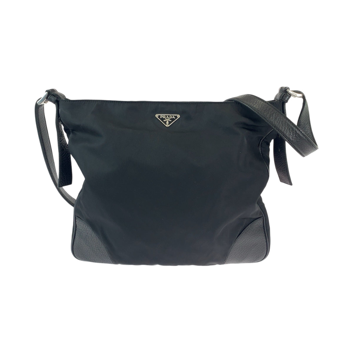 PRADA Shoulder Bag Nylon, Leather Black SilverMetal Shoulder Bag Messenger bag Tessuto Vitello Dino Triangle With logo mens Used Authentic