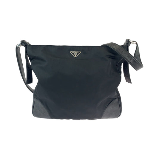 PRADA Shoulder Bag Nylon, Leather Black SilverMetal Shoulder Bag Messenger bag Tessuto Vitello Dino Triangle With logo mens Used Authentic