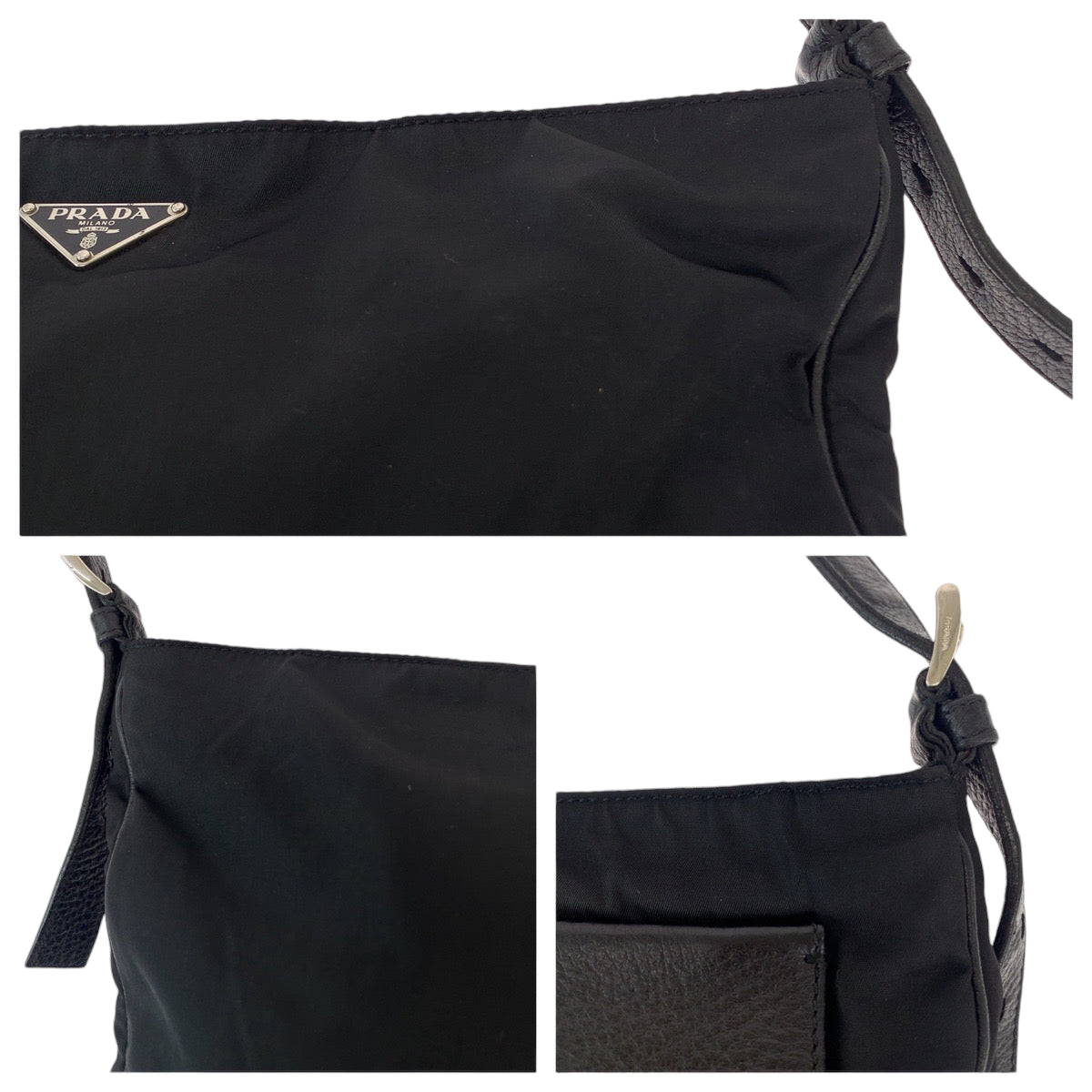 PRADA Shoulder Bag Nylon, Leather Black SilverMetal Shoulder Bag Messenger bag Tessuto Vitello Dino Triangle With logo mens Used Authentic