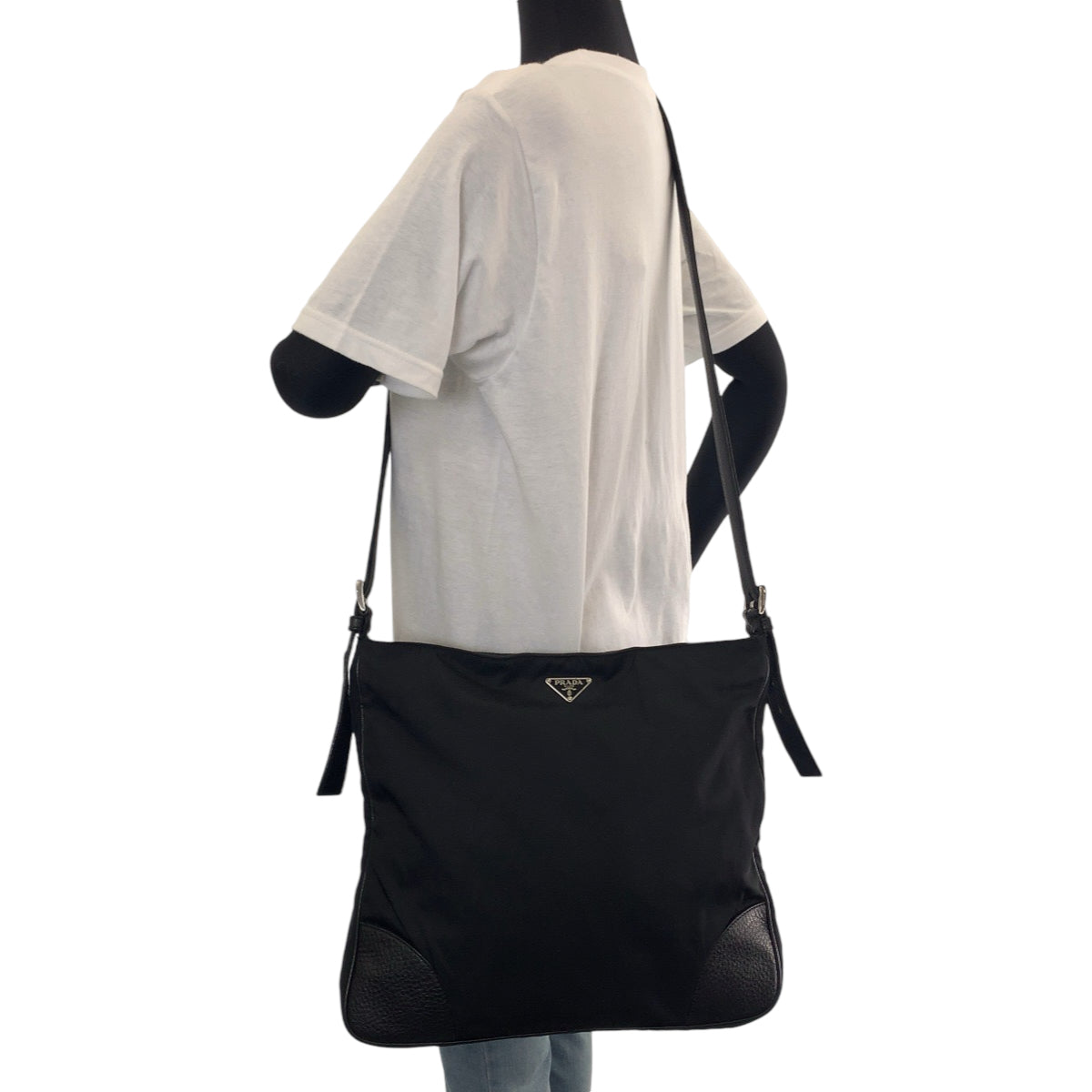 PRADA Shoulder Bag Nylon, Leather Black SilverMetal Shoulder Bag Messenger bag Tessuto Vitello Dino Triangle With logo mens Used Authentic