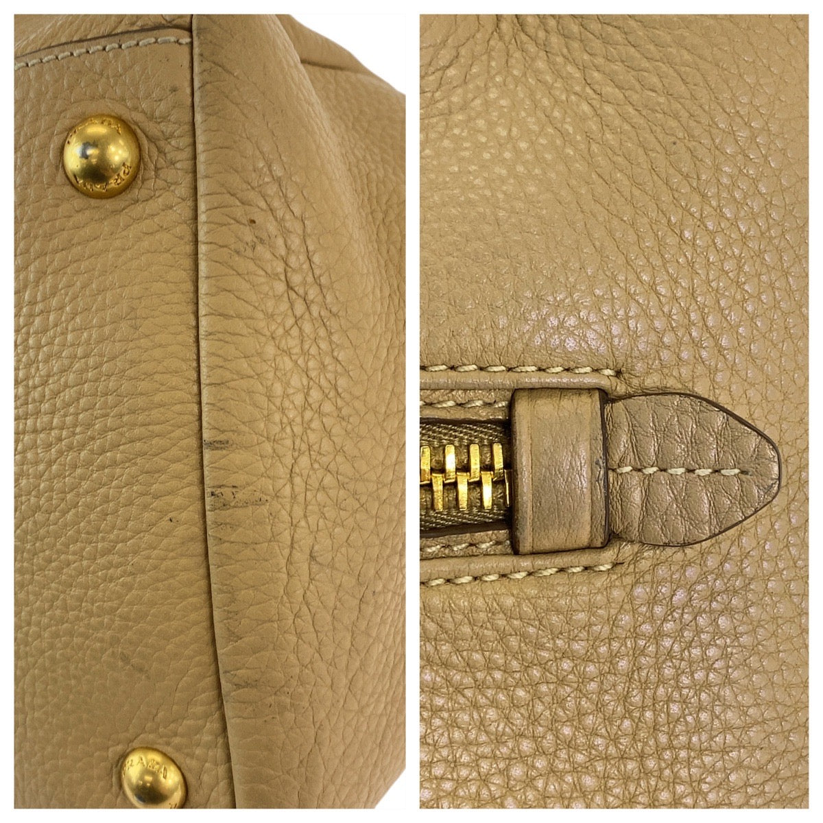 PRADA Tote Bag leather Beige Gold Metal Tote Bag Handbag Shoulder Bag Vitterodino Women Used Authentic