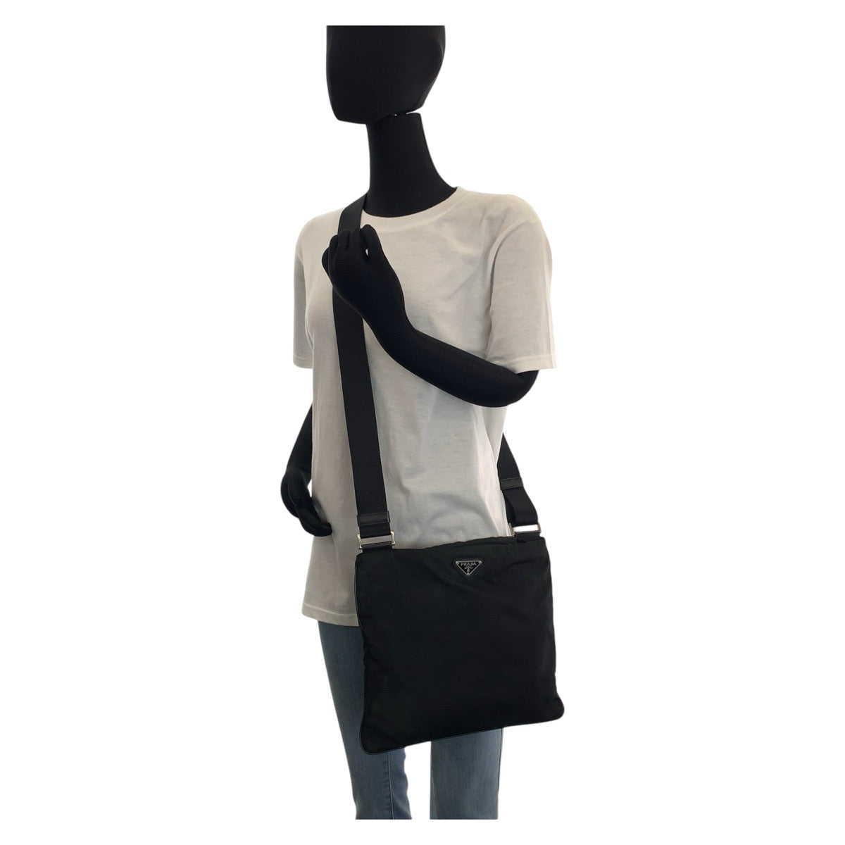 PRADA Shoulder Bag Nylon Black SilverMetal Crossbody Shoulder Bag Messenger Bag Testo Saffiano leather Triangle With logo mens Used Authentic