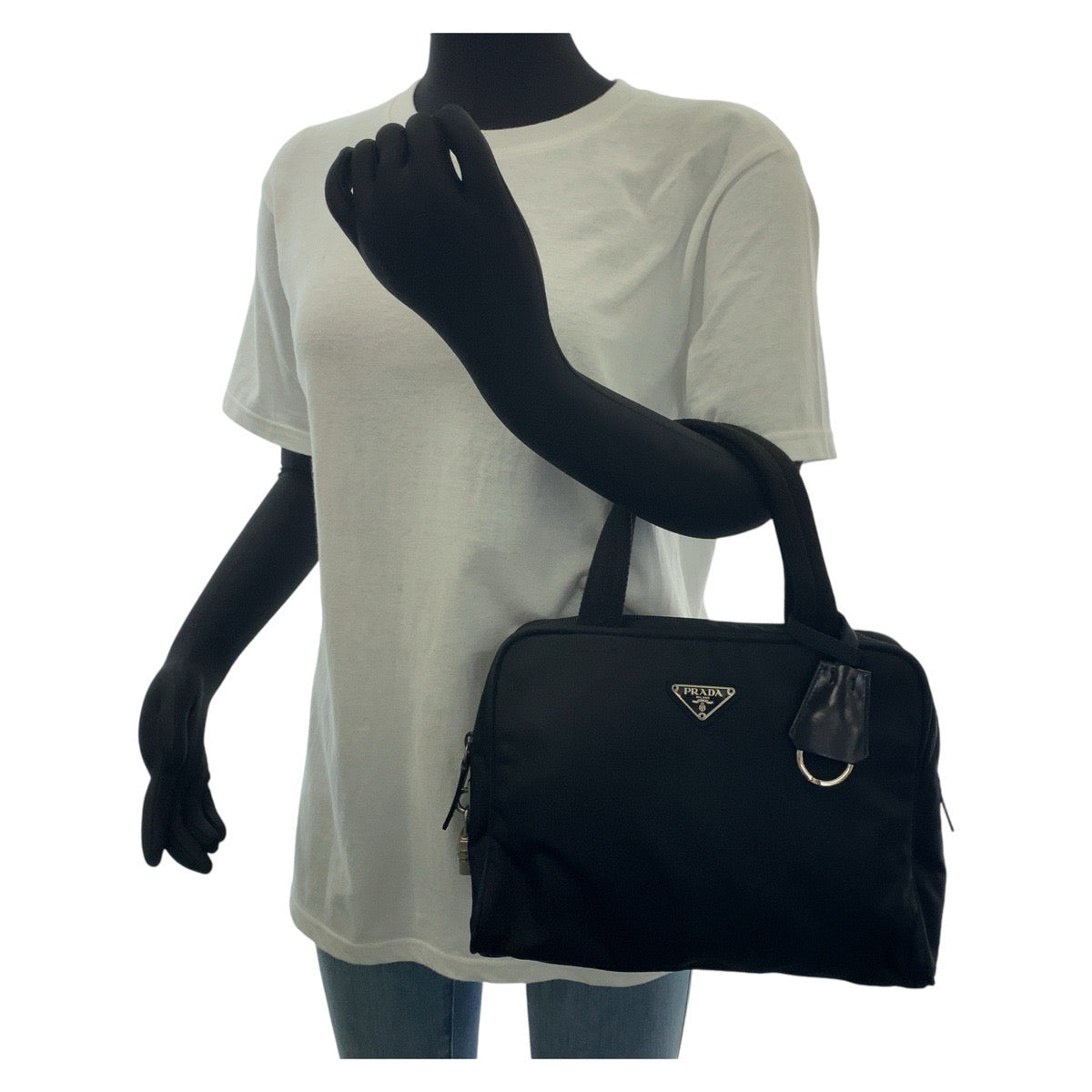 PRADA Handbag Nylon Black SilverMetal Handbag Test Triangle With logo Women Used Authentic