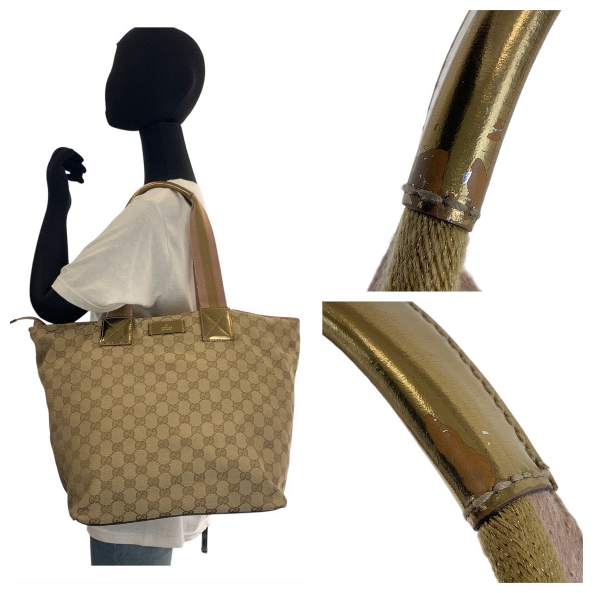 GUCCI Tote Bag 131231 GG canvas Beige Gold GoldMetal Tote Bag Shoulder Bag Women Used Authentic