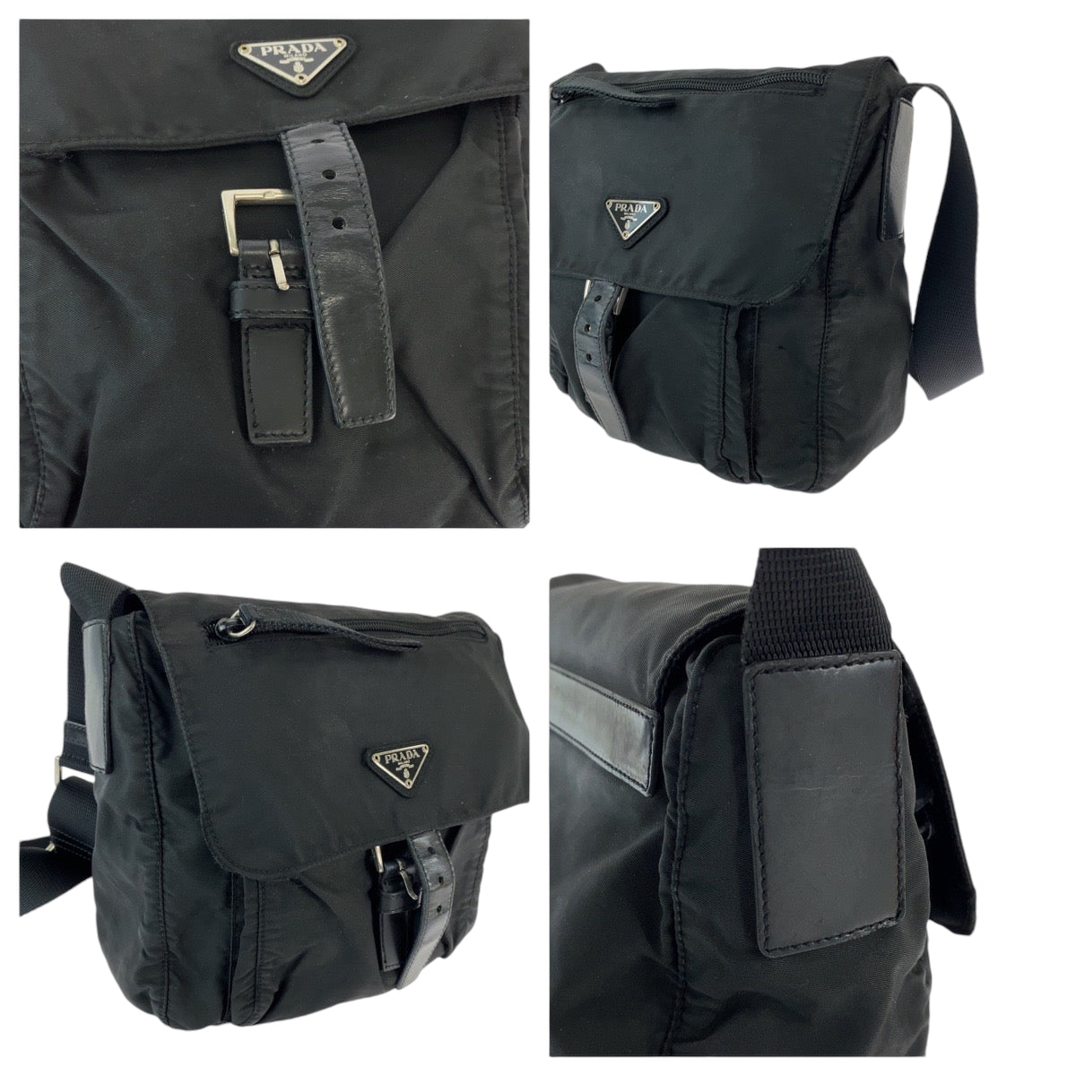 PRADA Shoulder Bag Nylon Black SilverMetal Shoulder Bag pochette Test Triangle With logo Women Used Authentic