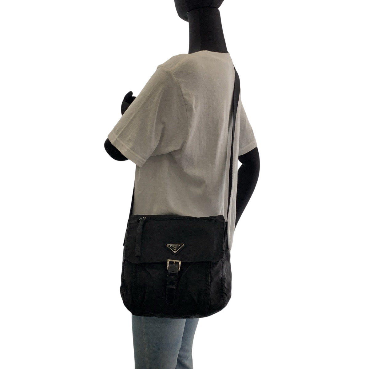 PRADA Shoulder Bag Nylon Black SilverMetal Shoulder Bag pochette Test Triangle With logo Women Used Authentic