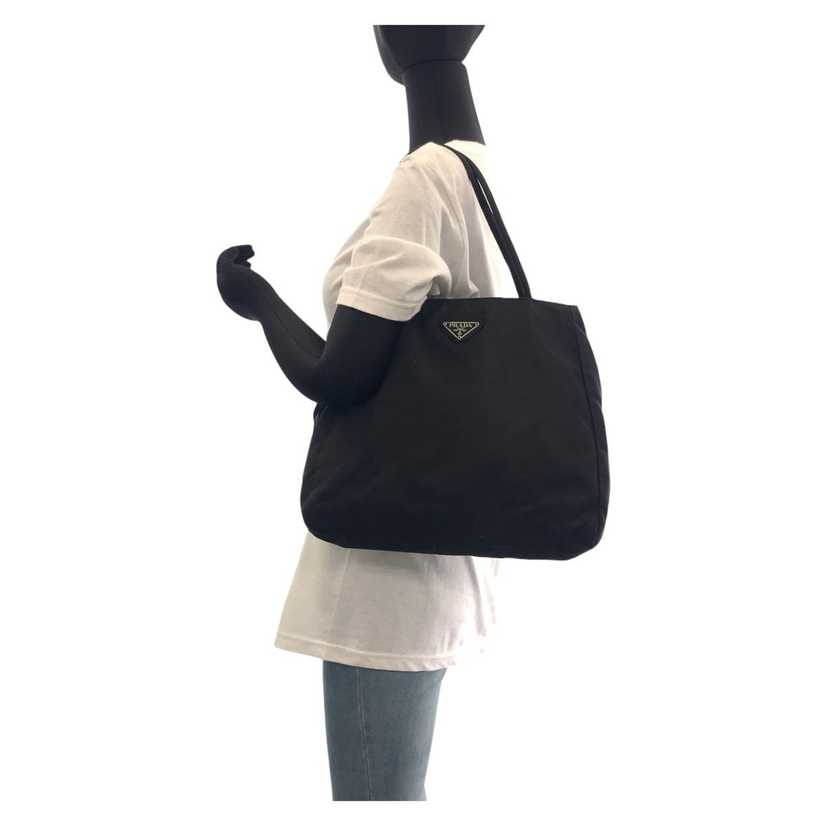 PRADA Tote Bag Nylon Black SilverMetal Tote Bag Shoulder Bag Test Triangle With logo Women Used Authentic
