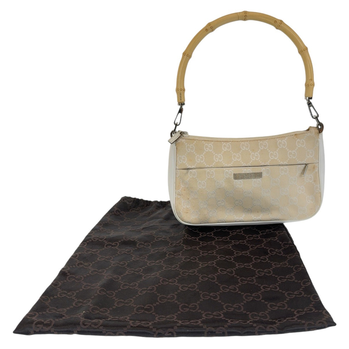 GUCCI Shoulder Bag 001 3870 GG canvas, leather White Beige SilverMetal Shoulder Bag Handbag Accessory Pouch Bamboo Women Used Authentic
