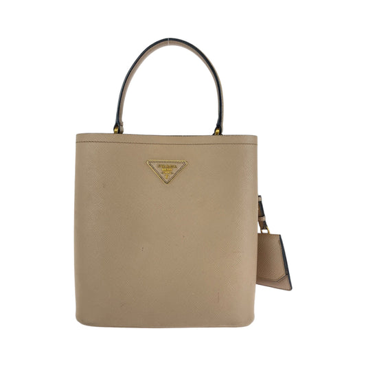 PRADA Handbag 1BA212 leather Pink Beige Gold Metal Handbag Safiano Panniers Women Used Authentic