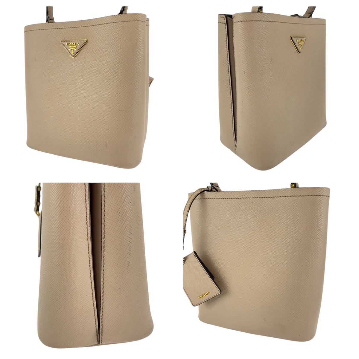 PRADA Handbag 1BA212 leather Pink Beige Gold Metal Handbag Safiano Panniers Women Used Authentic