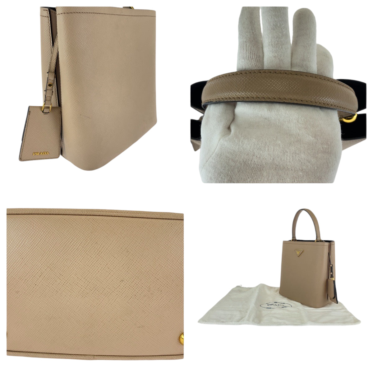 PRADA Handbag 1BA212 leather Pink Beige Gold Metal Handbag Safiano Panniers Women Used Authentic