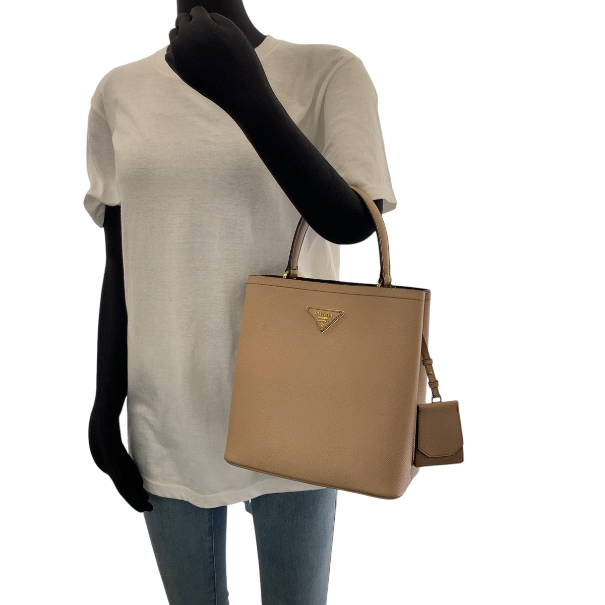 PRADA Handbag 1BA212 leather Pink Beige Gold Metal Handbag Safiano Panniers Women Used Authentic