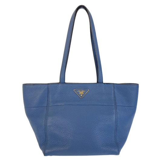 PRADA Tote Bag leather Blue GoldMetal Tote Bag Shoulder Bag Triangle With logo Women Used Authentic
