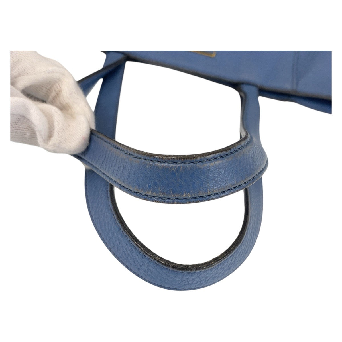 PRADA Tote Bag leather Blue GoldMetal Tote Bag Shoulder Bag Triangle With logo Women Used Authentic
