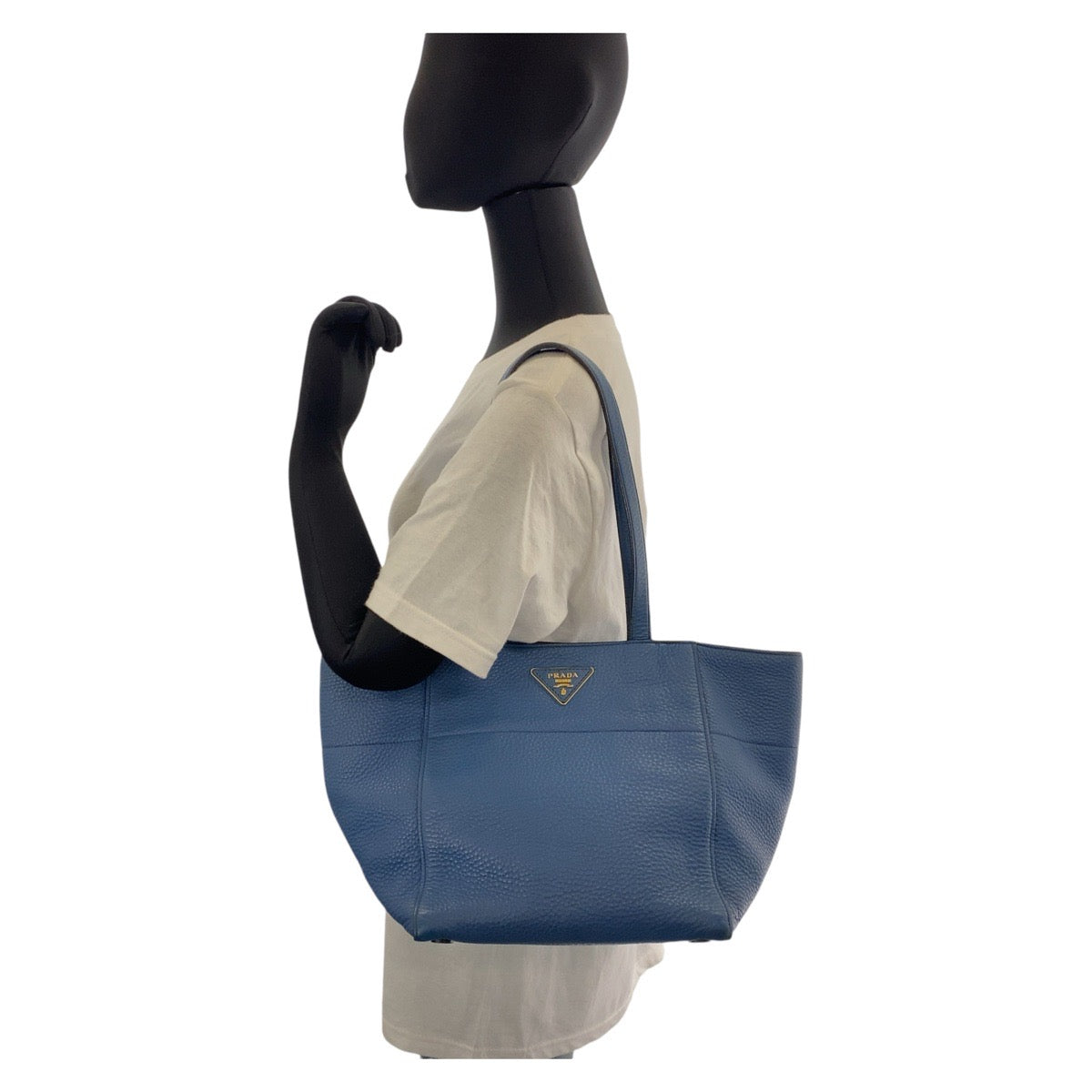 PRADA Tote Bag leather Blue GoldMetal Tote Bag Shoulder Bag Triangle With logo Women Used Authentic
