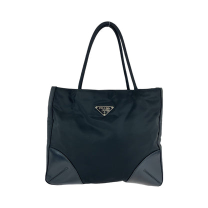 PRADA Tote Bag Nylon Black SilverMetal Tote Bag Shoulder Bag Triangle With logo Women Used Authentic
