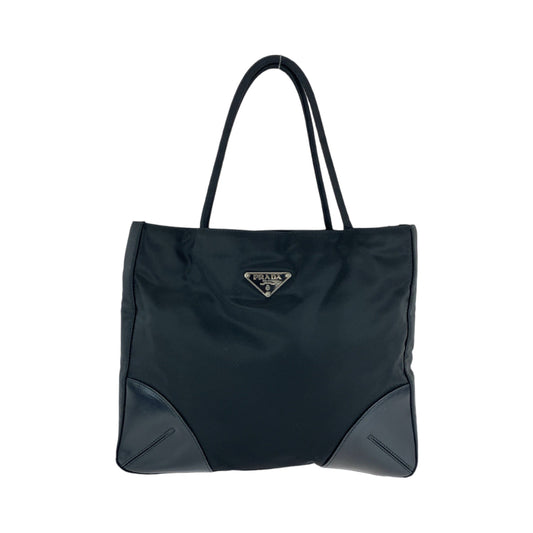 PRADA Tote Bag Nylon Black SilverMetal Tote Bag Shoulder Bag Triangle With logo Women Used Authentic