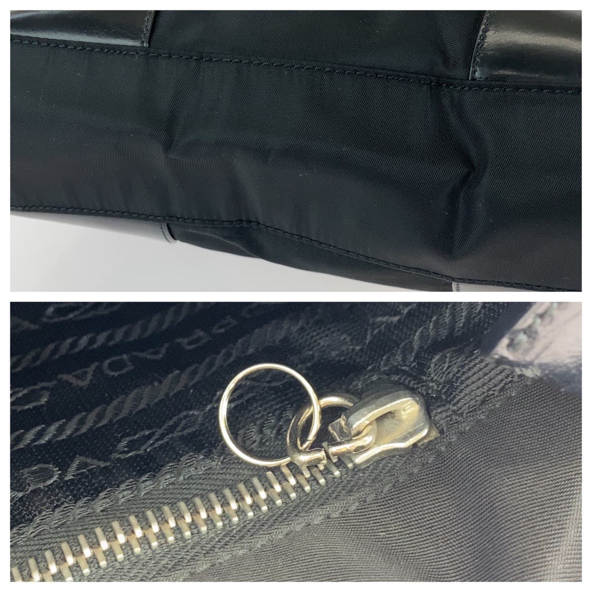 PRADA Tote Bag Nylon Black SilverMetal Tote Bag Shoulder Bag Triangle With logo Women Used Authentic