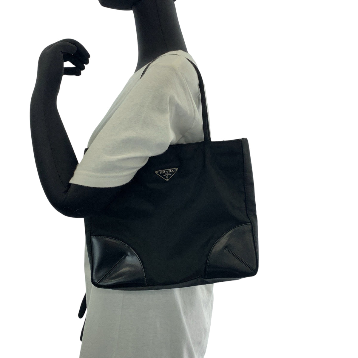 PRADA Tote Bag Nylon Black SilverMetal Tote Bag Shoulder Bag Triangle With logo Women Used Authentic
