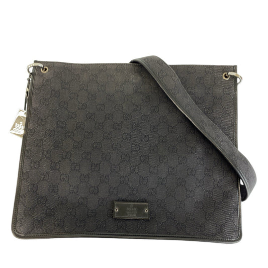 GUCCI Shoulder Bag 90656 GG canvas Black SilverMetal Crossbody Shoulder Bag Women Used Authentic