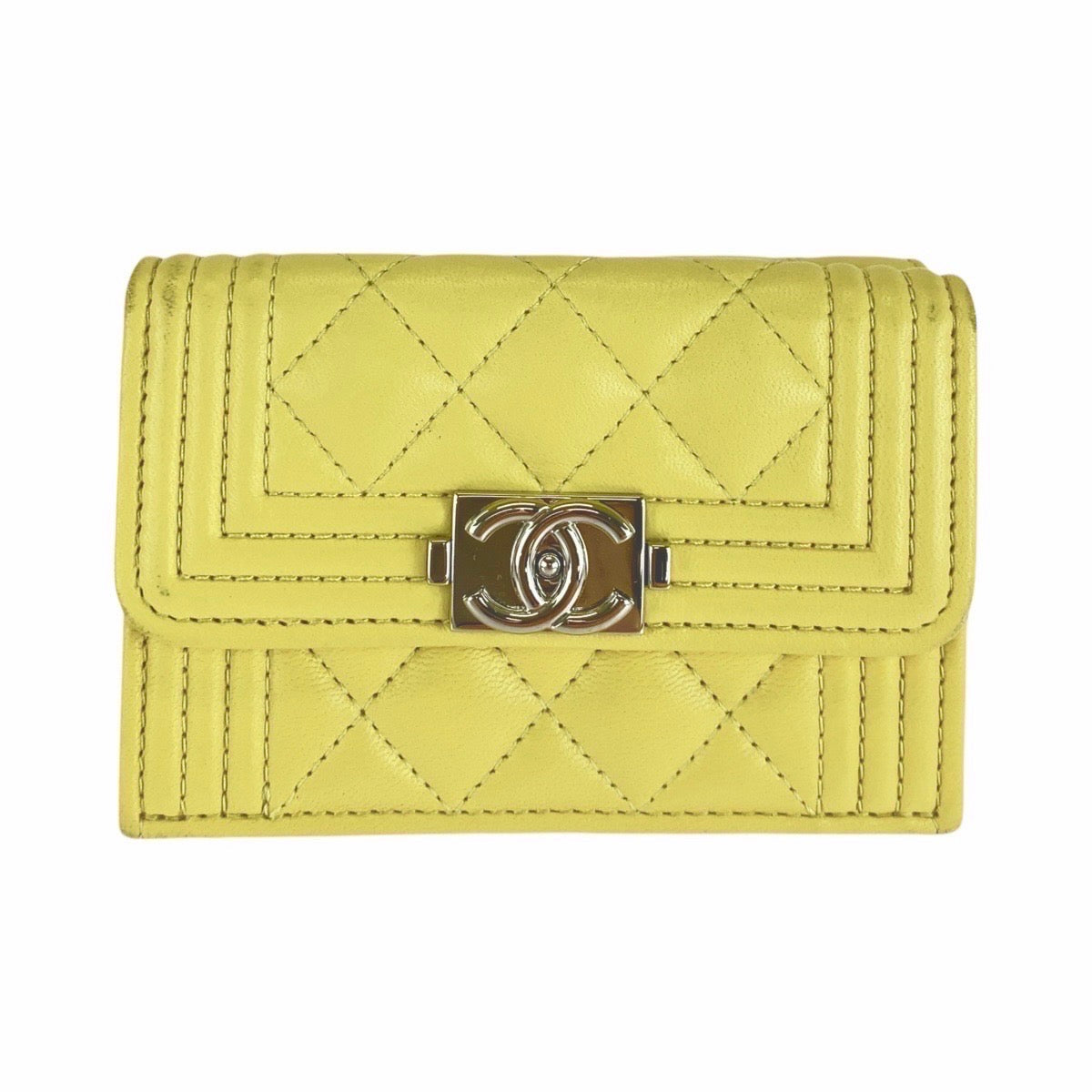 CHANEL Tri-fold wallet lambskin yellow Folding wallet Compact wallet Boy chanel Women Used Authentic