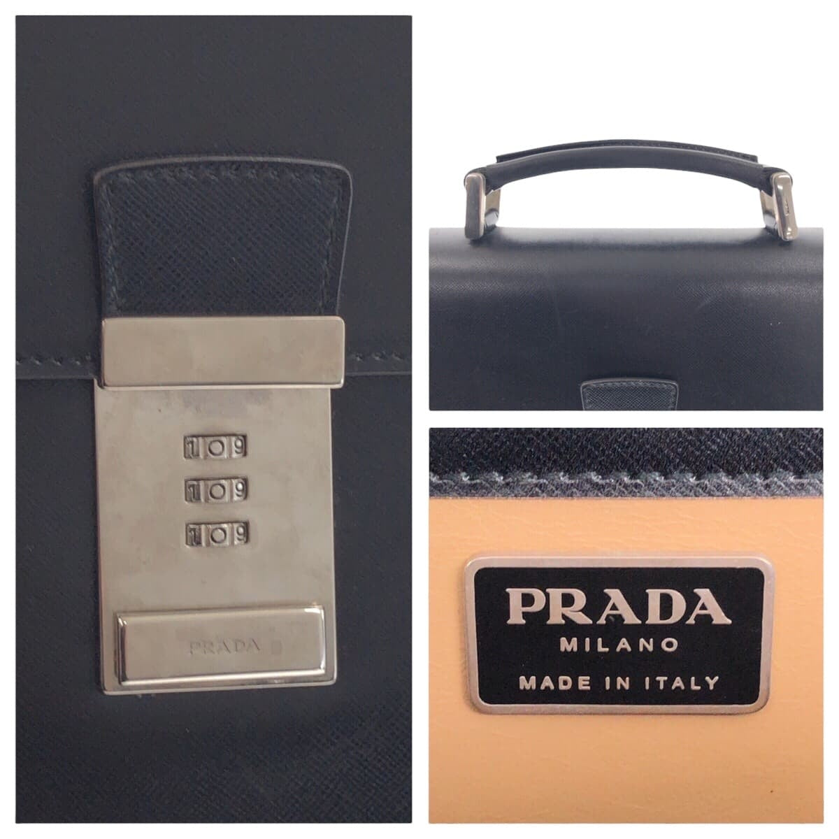 PRADA Business bag leather Black SilverMetal Business bag briefcase Safiano mens Used Authentic