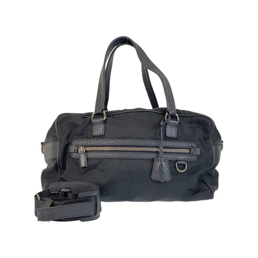PRADA Boston Duffel bag Nylon, Leather Black SilverMetal Boston Duffel bag, handbag, unisex, 2way Triangle With logo Women Used Authentic