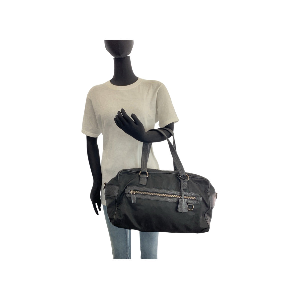 PRADA Boston Duffel bag Nylon, Leather Black SilverMetal Boston Duffel bag, handbag, unisex, 2way Triangle With logo Women Used Authentic