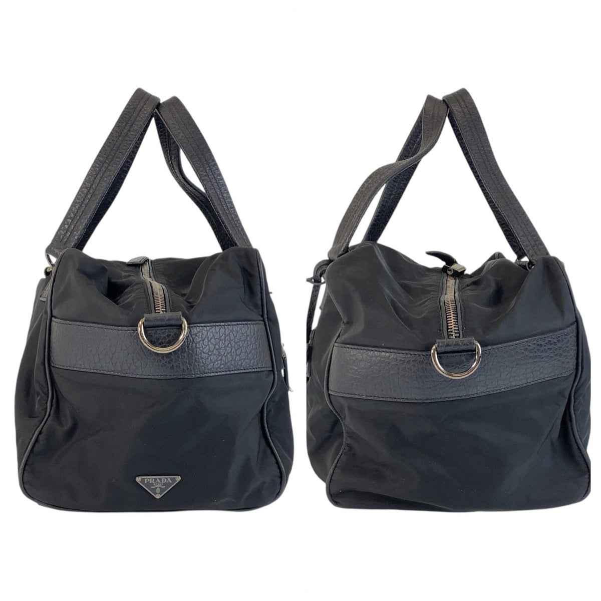 PRADA Boston Duffel bag Nylon, Leather Black SilverMetal Boston Duffel bag, handbag, unisex, 2way Triangle With logo Women Used Authentic