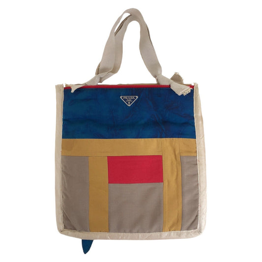 PRADA Tote Bag Nylon, Cotton Beige Multicolor SilverMetal Tote Bag handbag Patchwork Bird Triangle With logo Women Used Authentic
