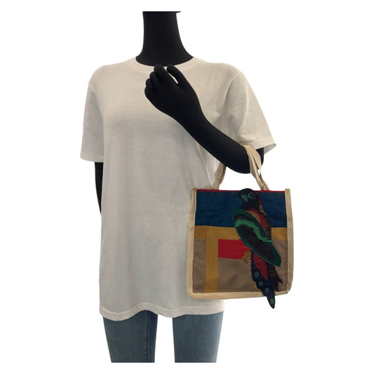 PRADA Tote Bag Nylon, Cotton Beige Multicolor SilverMetal Tote Bag handbag Patchwork Bird Triangle With logo Women Used Authentic