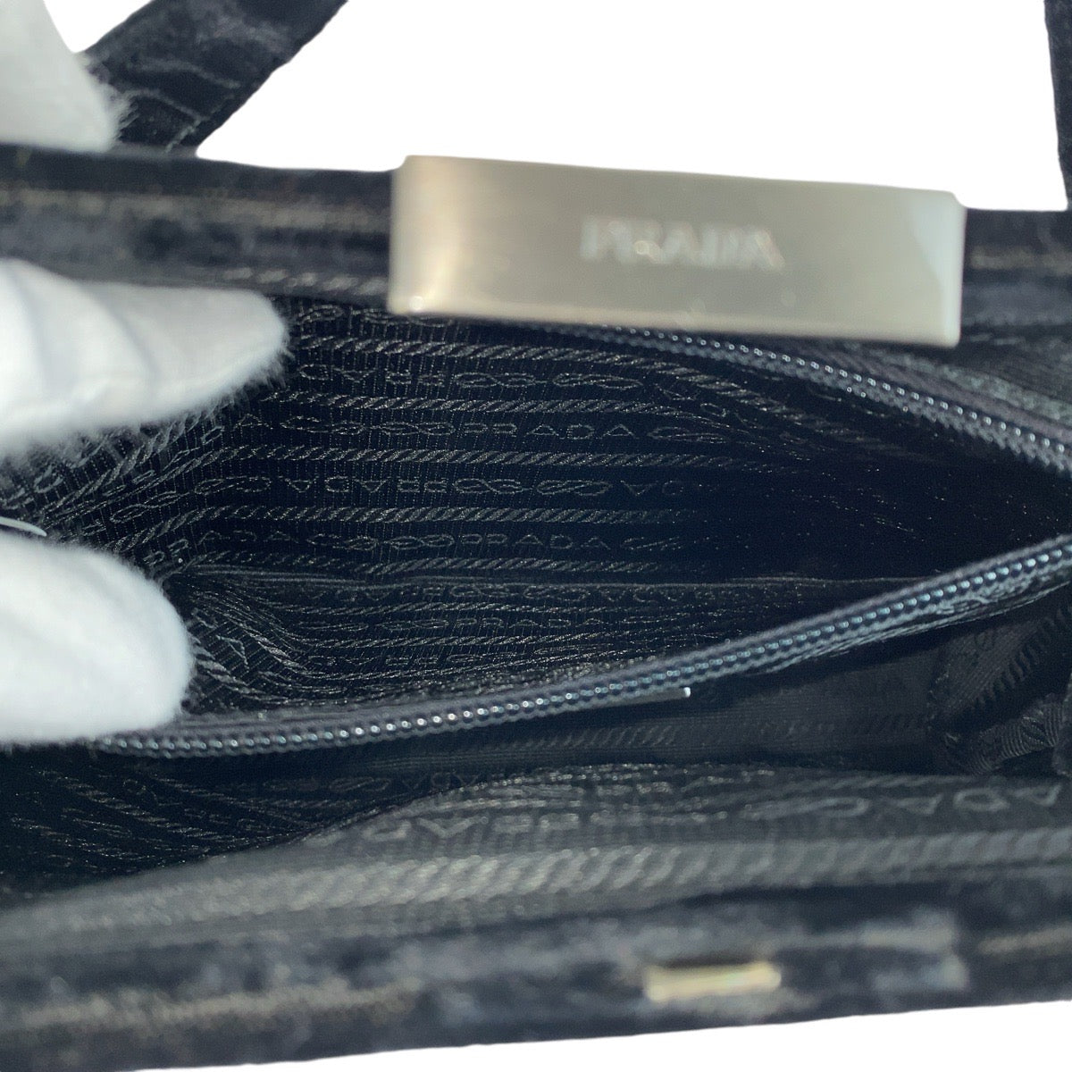 PRADA Handbag Velor Black SilverMetal Handbag Women Used Authentic