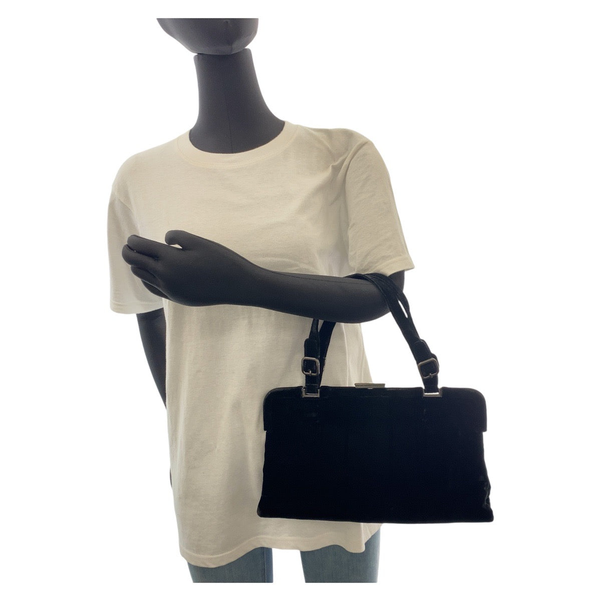 PRADA Handbag Velor Black SilverMetal Handbag Women Used Authentic