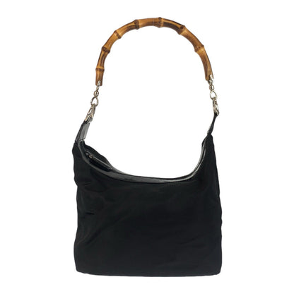 GUCCI Shoulder Bag Canvas, Leather Black Silver Metal Shoulder Bag Hobo Bamboo Women Used Authentic