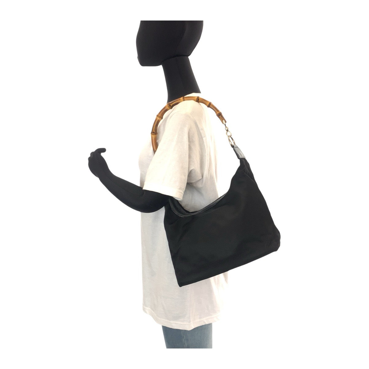GUCCI Shoulder Bag Canvas, Leather Black Silver Metal Shoulder Bag Hobo Bamboo Women Used Authentic