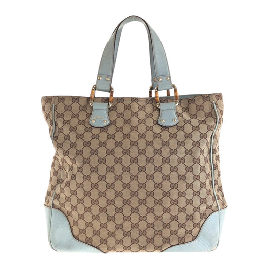 GUCCI Tote Bag 154375 GG canvas, leather Beige light blue Tote Bag handbag Women Used Authentic