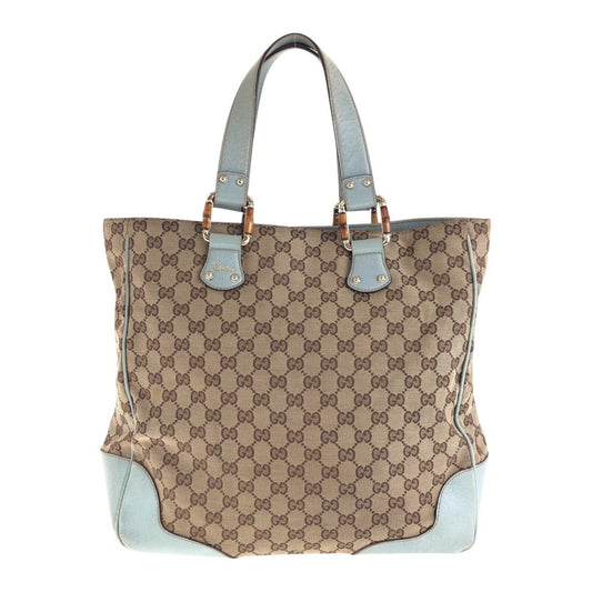 GUCCI Tote Bag 154375 GG canvas, leather Beige light blue Tote Bag handbag Women Used Authentic