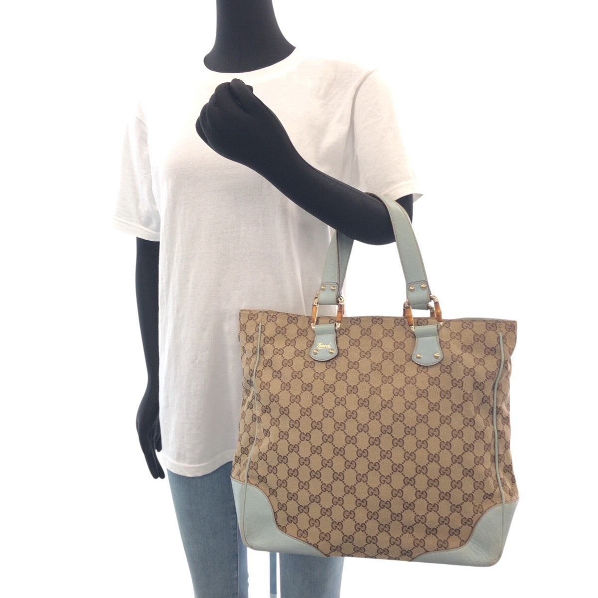 GUCCI Tote Bag 154375 GG canvas, leather Beige light blue Tote Bag handbag Women Used Authentic