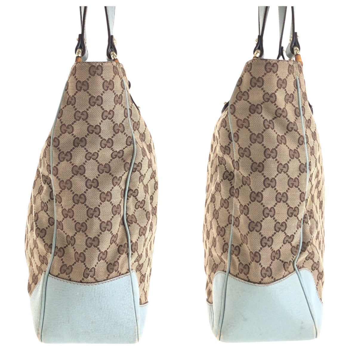 GUCCI Tote Bag 154375 GG canvas, leather Beige light blue Tote Bag handbag Women Used Authentic