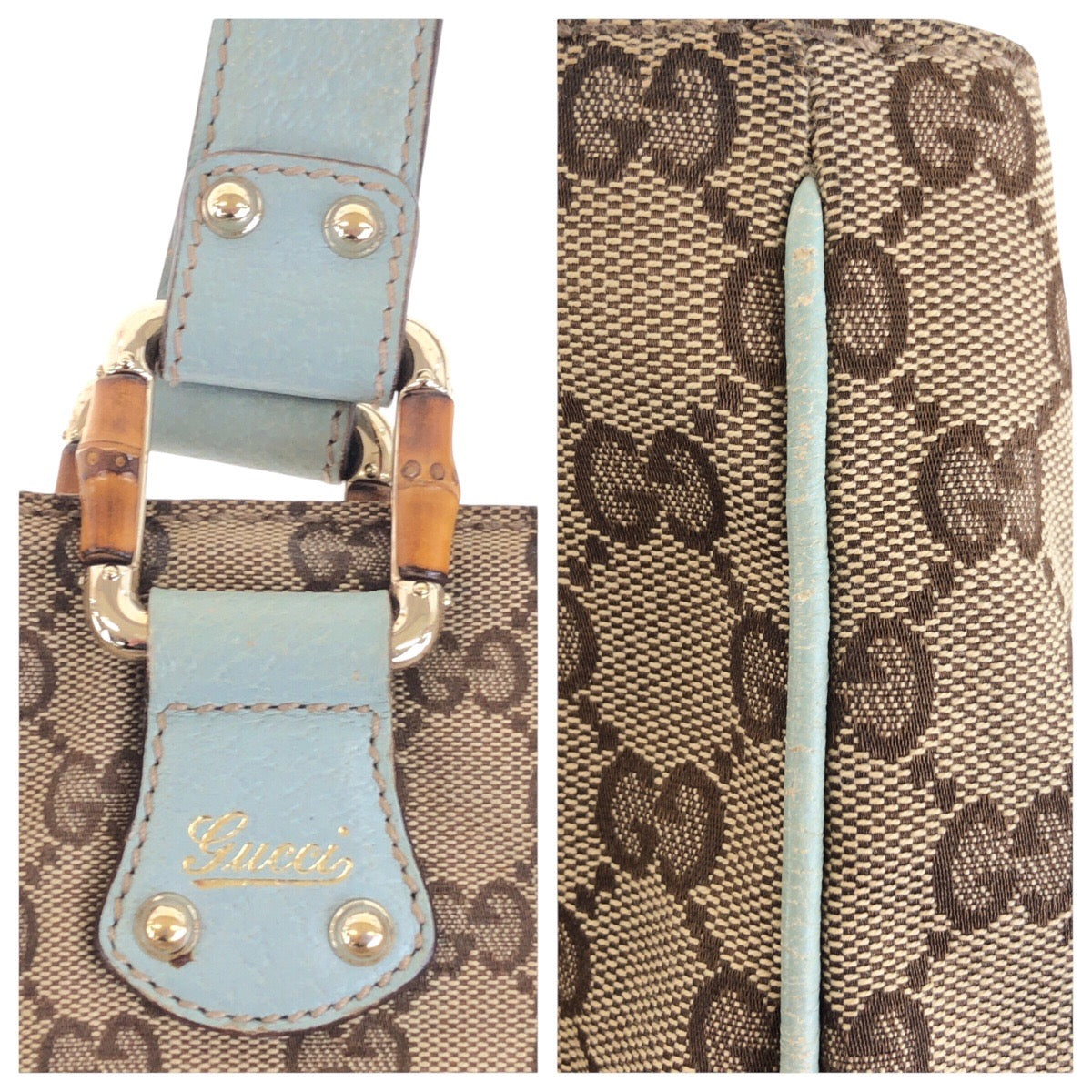 GUCCI Tote Bag 154375 GG canvas, leather Beige light blue Tote Bag handbag Women Used Authentic