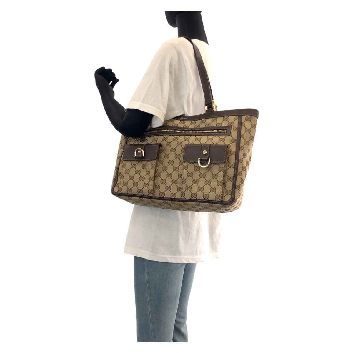 GUCCI Tote Bag 146247 GG canvas, leather Brown beige Tote Bag Shoulder Bag Abbey Women Used Authentic