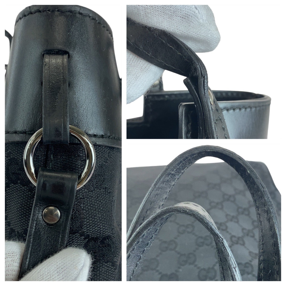 GUCCI Tote Bag 107757 GG canvas, leather Black Silver Metal Tote Bag Shoulder Bag Women Used Authentic